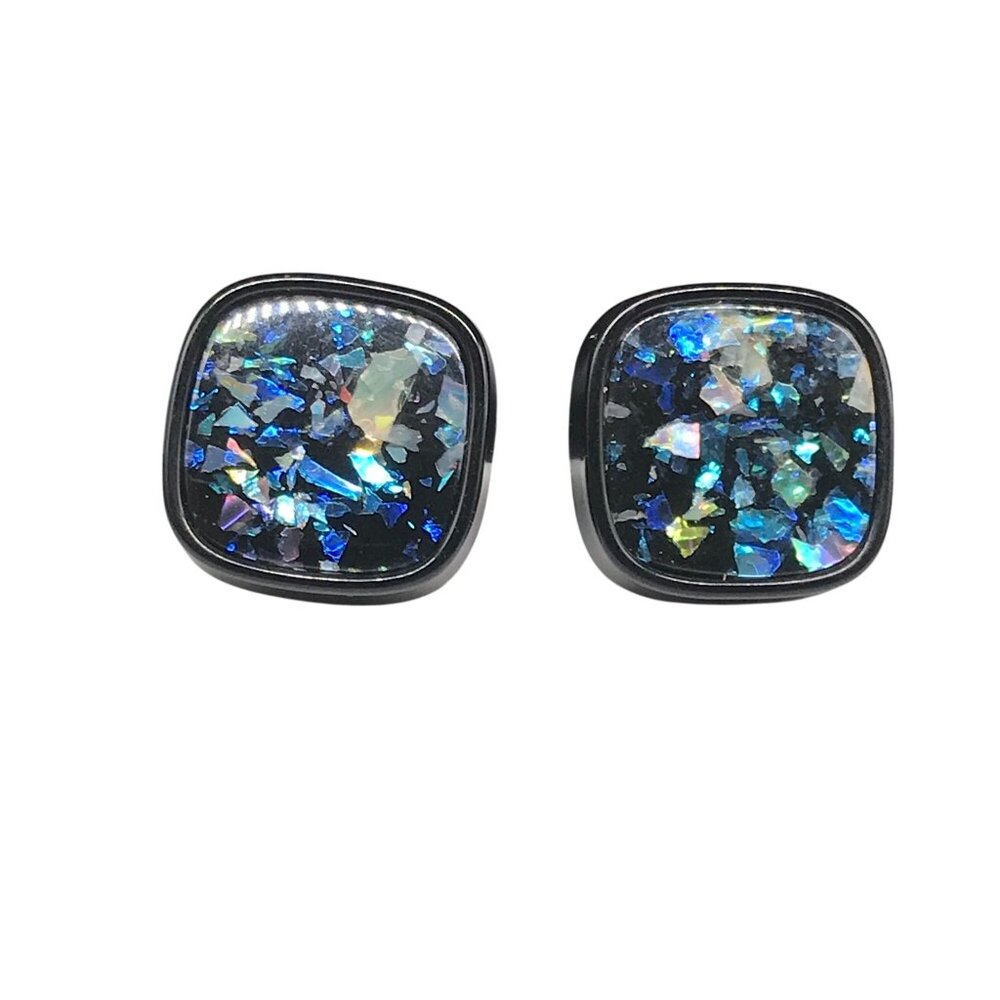 Vintage Black Confetti Lucite Earrings, Square Clip On with Abalone Flakes